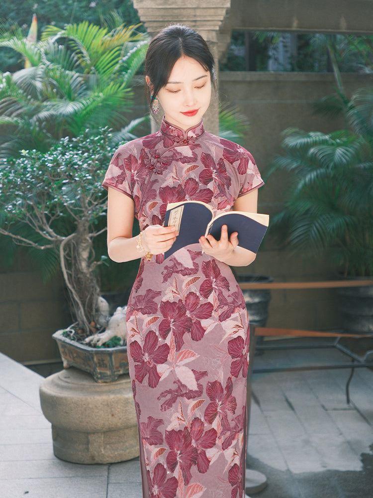 Rose Pink Chiffon Print | Modern one-Pieces Qipao Dress (花间游)