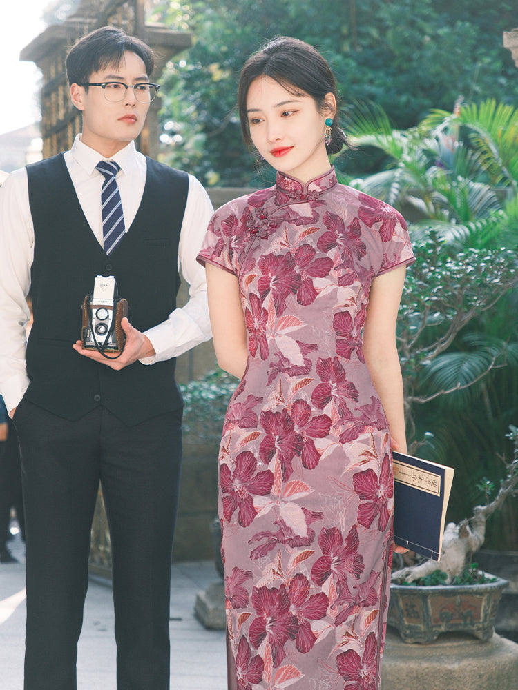 Rose Pink Chiffon Print | Modern one-Pieces Qipao Dress (花间游)