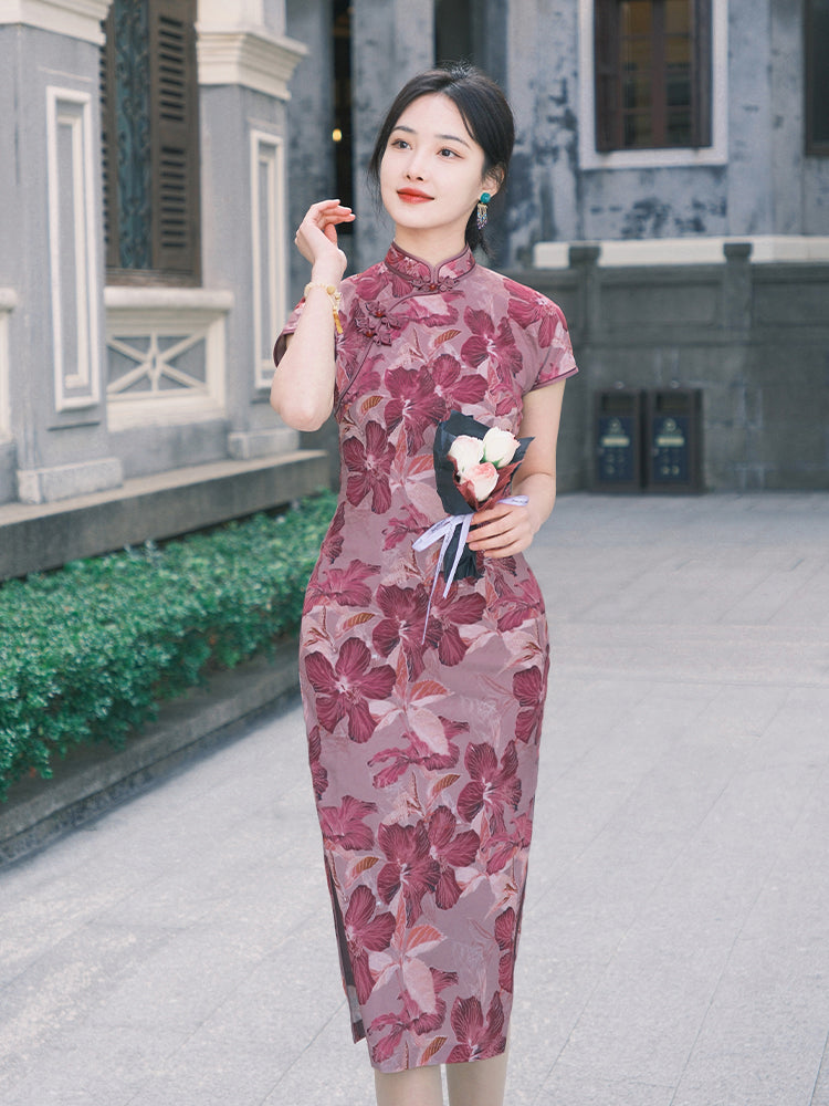 Rose Pink Chiffon Print | Modern one-Pieces Qipao Dress (花间游)