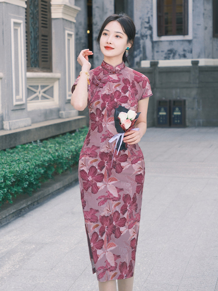 Rose Pink Chiffon Print | Modern one-Pieces Qipao Dress (花间游)