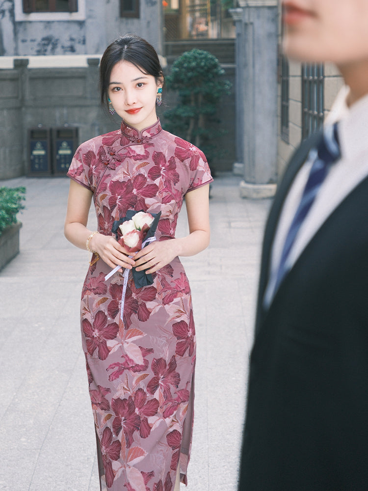 Rose Pink Chiffon Print | Modern one-Pieces Qipao Dress (花间游)