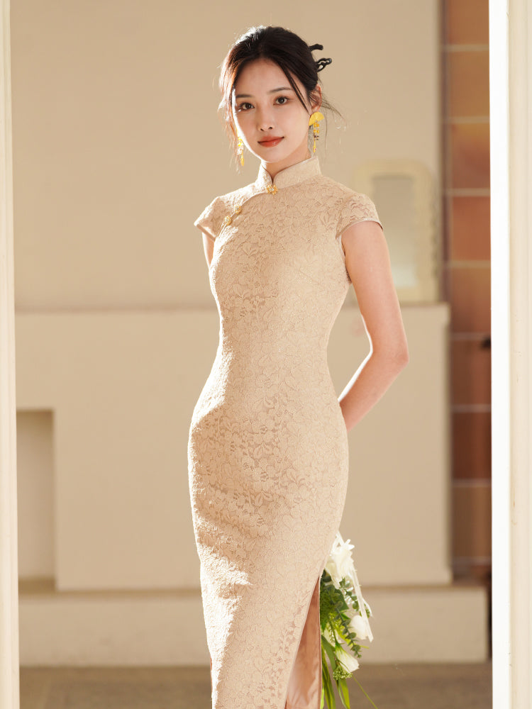 Apricot Stretch Lace | Modern one-Pieces Qipao Dress (金樱)