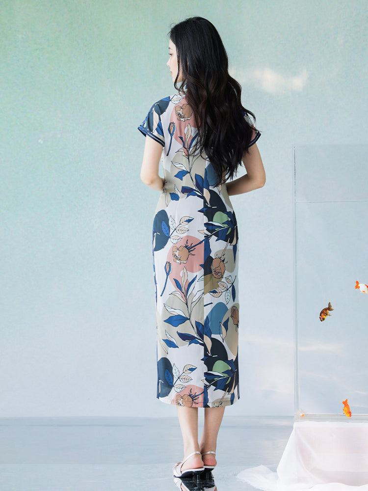 Floral Linen-Textured Chiffon | Modern one-Pieces Qipao Dress (梦虞)