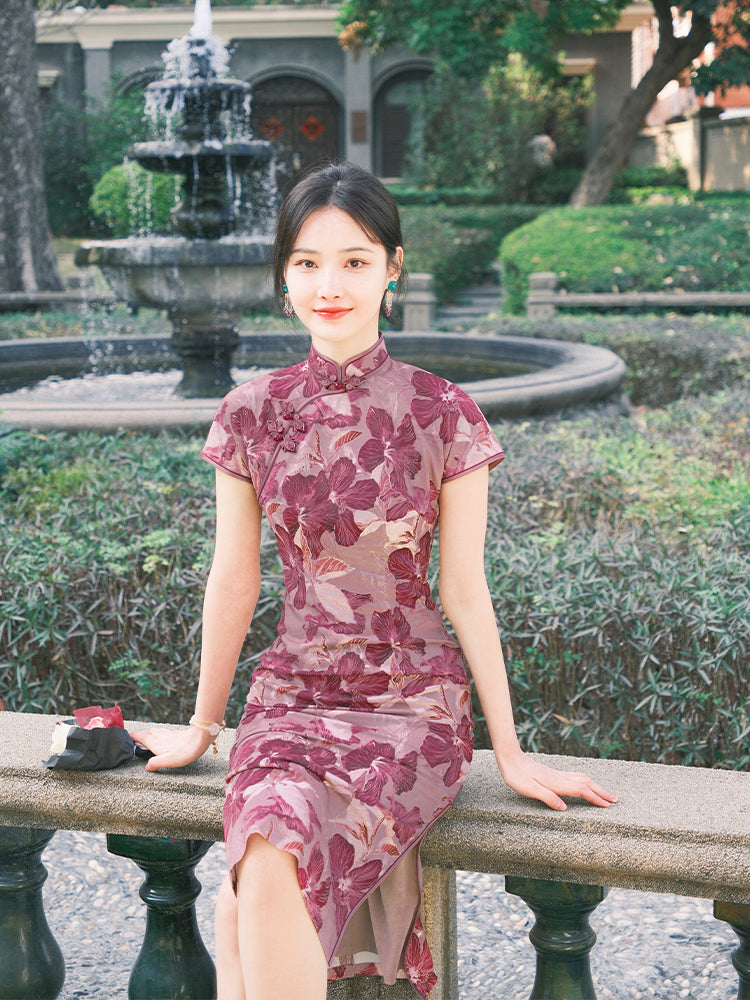 Rose Pink Chiffon Print | Modern one-Pieces Qipao Dress (花间游)
