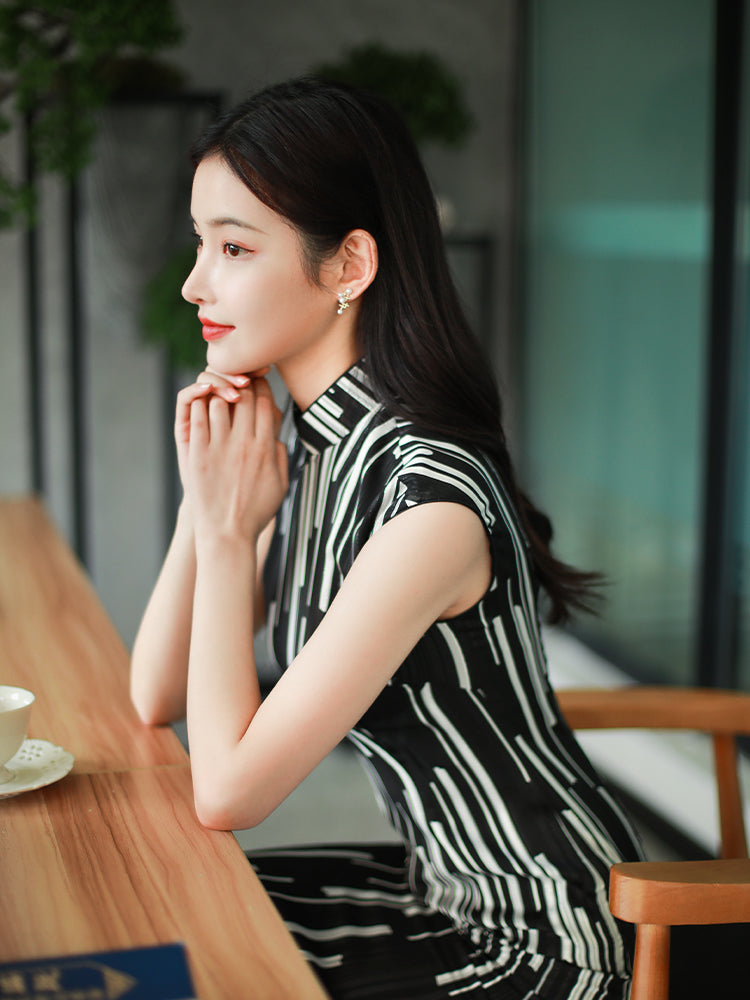 black and white stripes|Modern one-Pieces Qipao Dress(香嵩)
