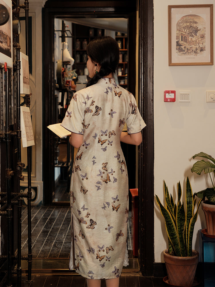 Milky white Butterfly Print | Modern one-Pieces Qipao Dress (蝶涯)