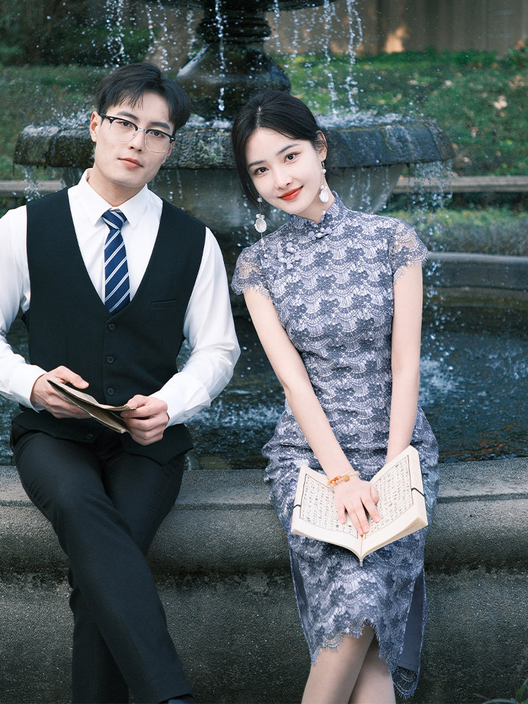 Dusty Blue Elastic Lace | Modern one-Pieces Qipao Dress(兰若)