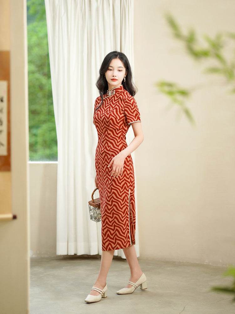 Red striping| Modern one-Pieces Qipao Dress(海云) - E·Beauty