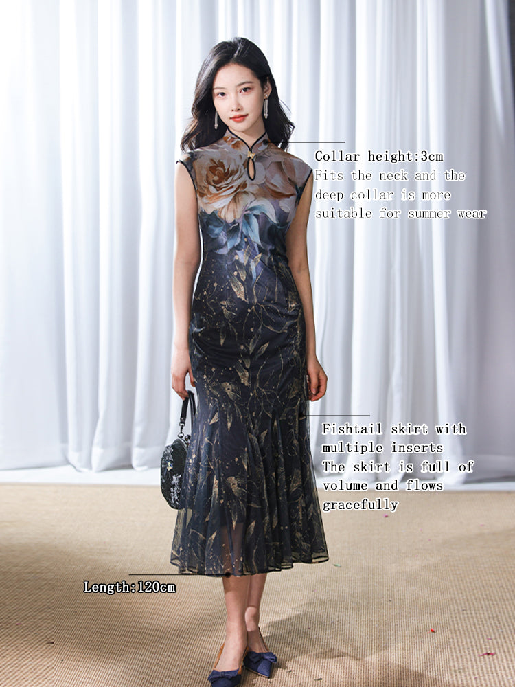 Rose print pattern|Gold-thread embroidered mermaid skirt(亦玫)