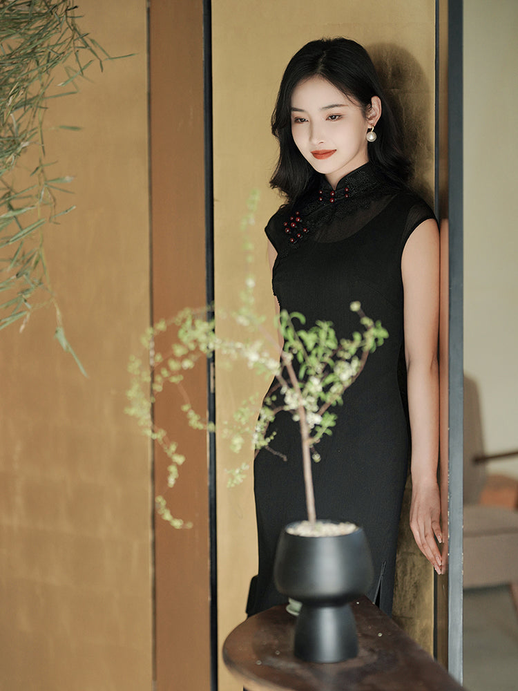 Refined Ink Black Sophistication | Modern one-Pieces Qipao Dress (扶芳)