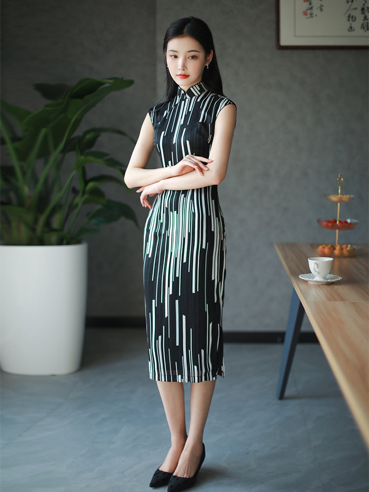 black and white stripes|Modern one-Pieces Qipao Dress(香嵩)