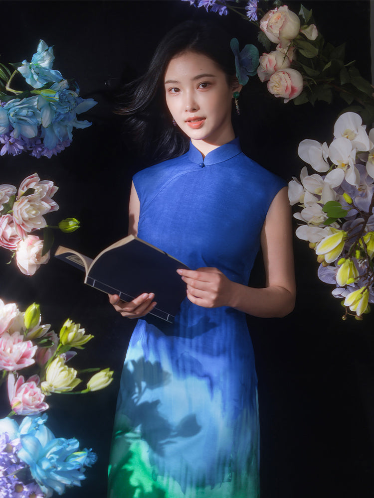Inked Aurora Blue Green Color Gradient|Modern one-Pieces Qipao Dress(玦光)