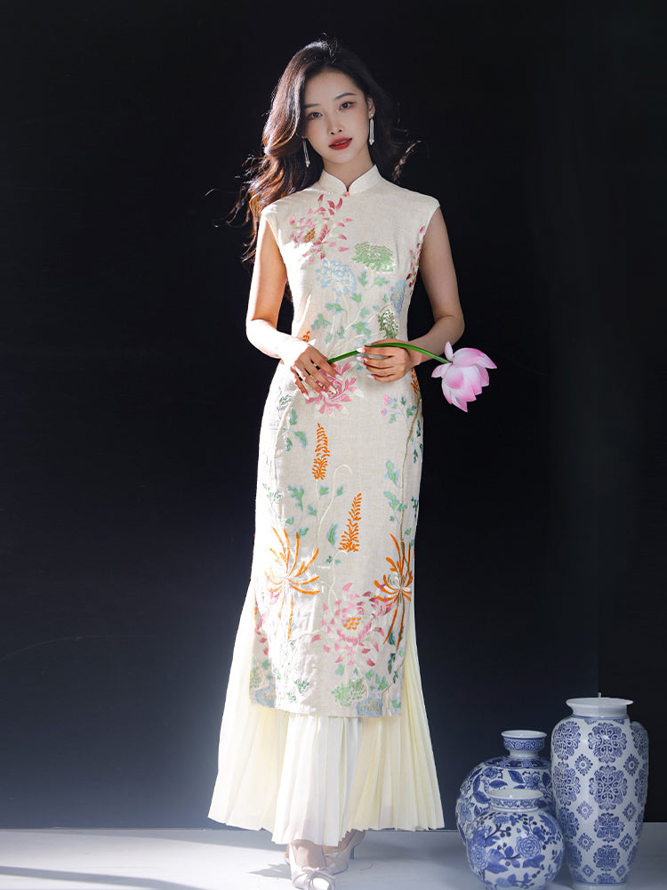 Colorful Lotus Flower Cotton and Linen Embroidery|Modern one-Pieces Qipao Dress(菡裳)