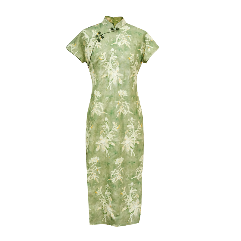 Tender Green Embroidered Lily Orchid | Modern one-Pieces Qipao Dress (杳卿)
