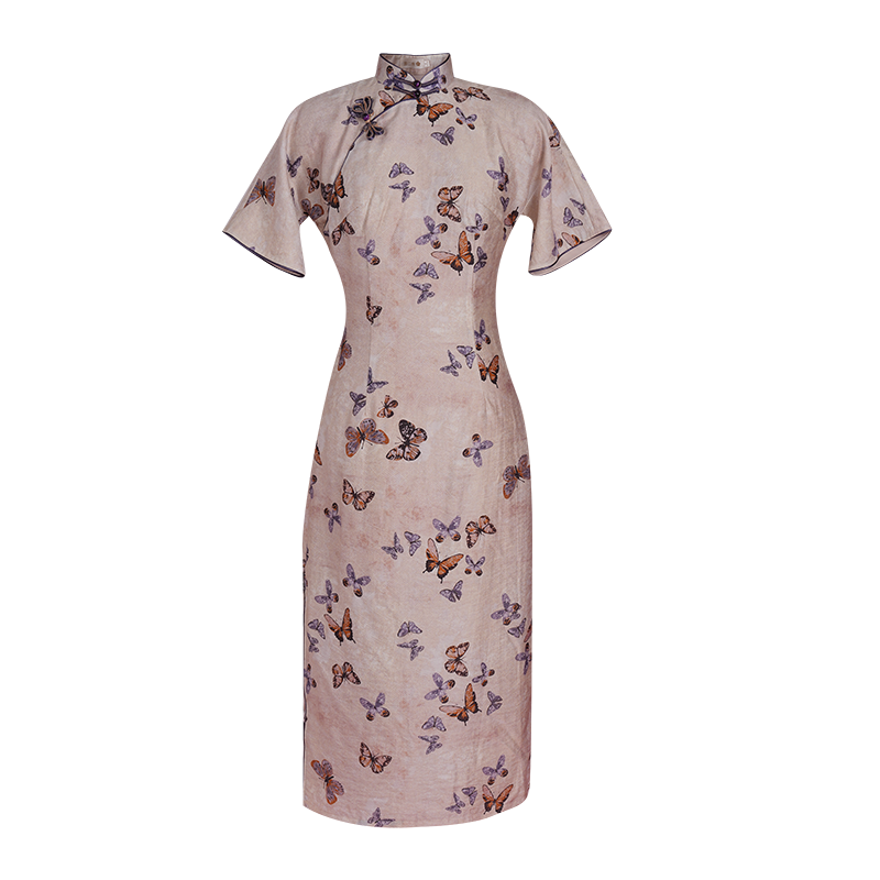 Milky white Butterfly Print | Modern one-Pieces Qipao Dress (蝶涯)