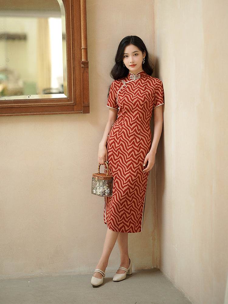 Red striping| Modern one-Pieces Qipao Dress(海云) - E·Beauty