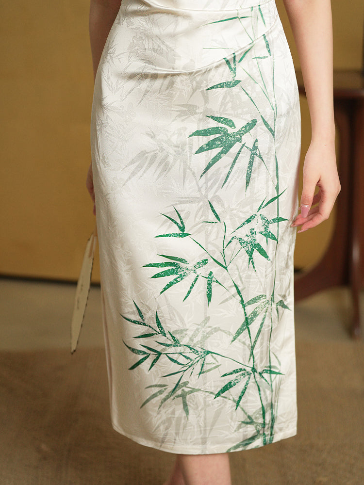 Botanical-Dyed Ivory Silk Satin | Modern one-Pieces Qipao Dress (青韵)