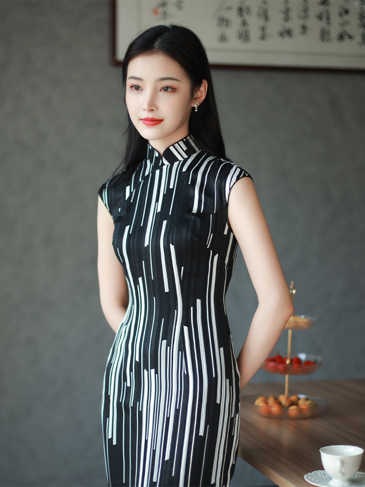 black and white stripes|Modern one-Pieces Qipao Dress(香嵩)
