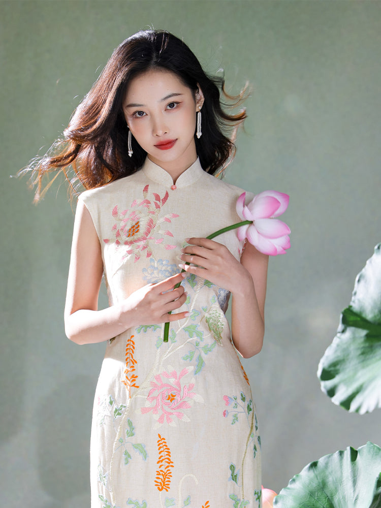 Colorful Lotus Flower Cotton and Linen Embroidery|Modern one-Pieces Qipao Dress(菡裳)