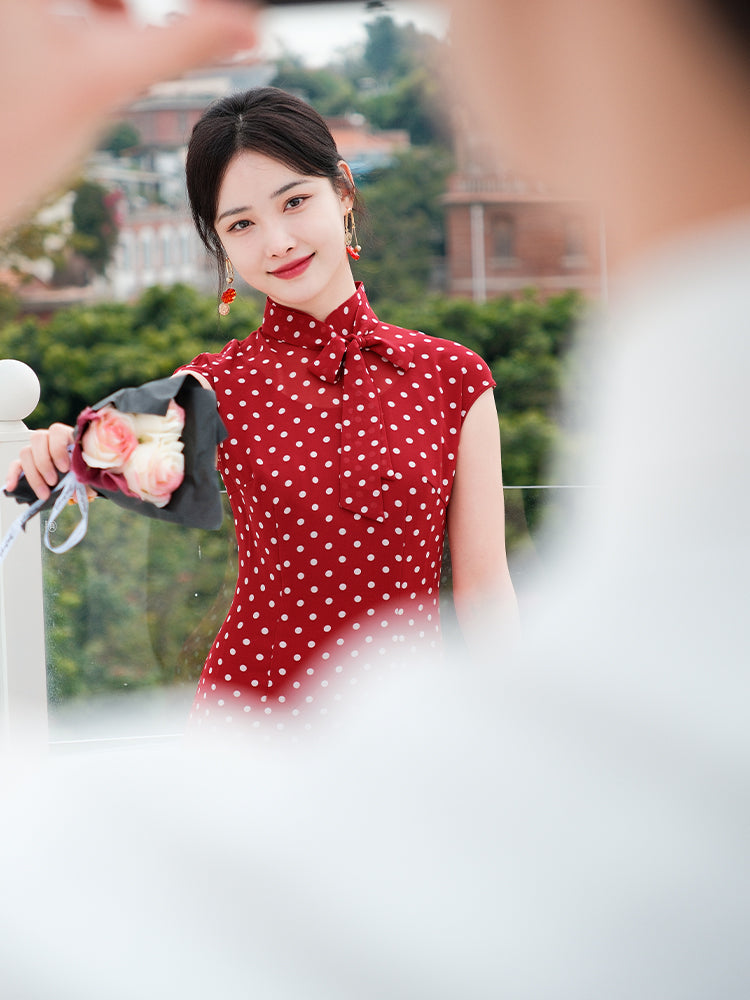 dark red polka dot|Modern one-Pieces Qipao Dress(舒萌)