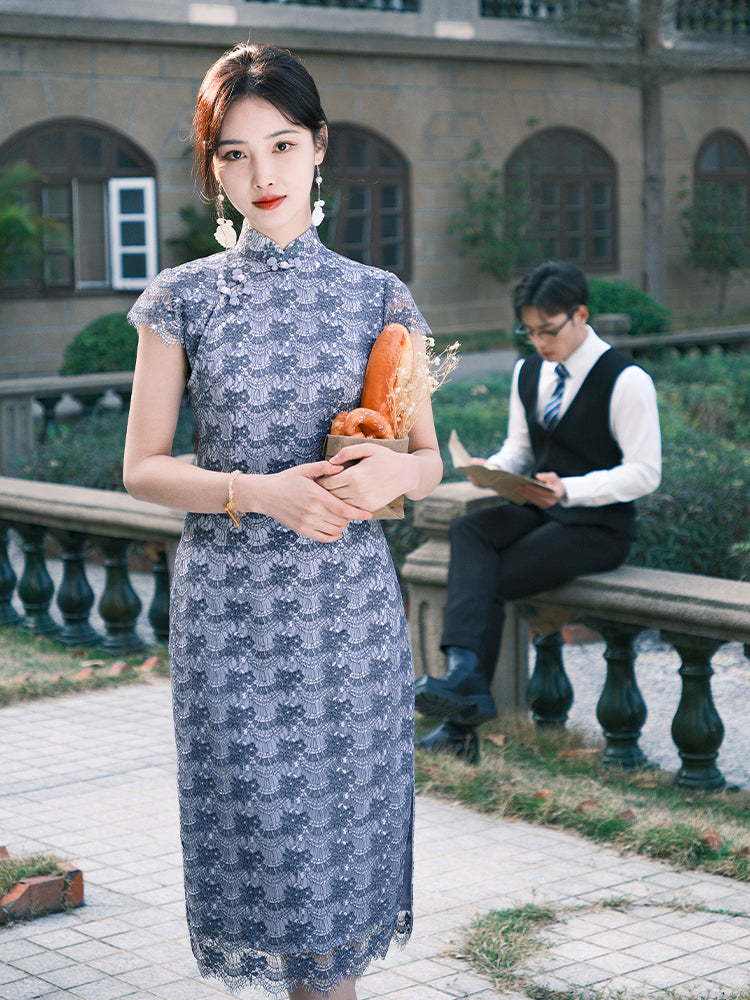 Dusty Blue Elastic Lace | Modern one-Pieces Qipao Dress(兰若)