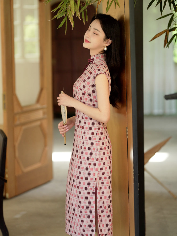 Botanical-dyed geometric prints | Modern one-Pieces Qipao Dress(念辞)