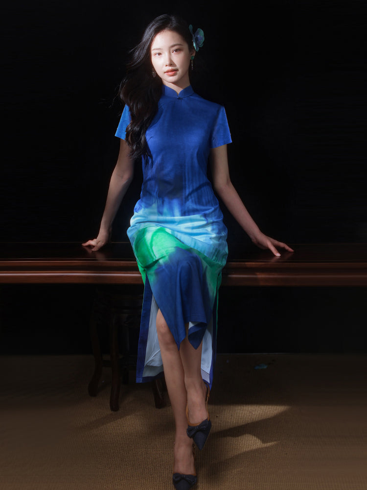 Inked Aurora Blue Green Color Gradient|Modern one-Pieces Qipao Dress(玦光)