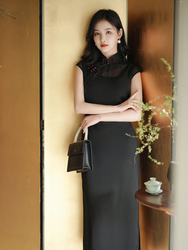 Refined Ink Black Sophistication | Modern one-Pieces Qipao Dress (扶芳)