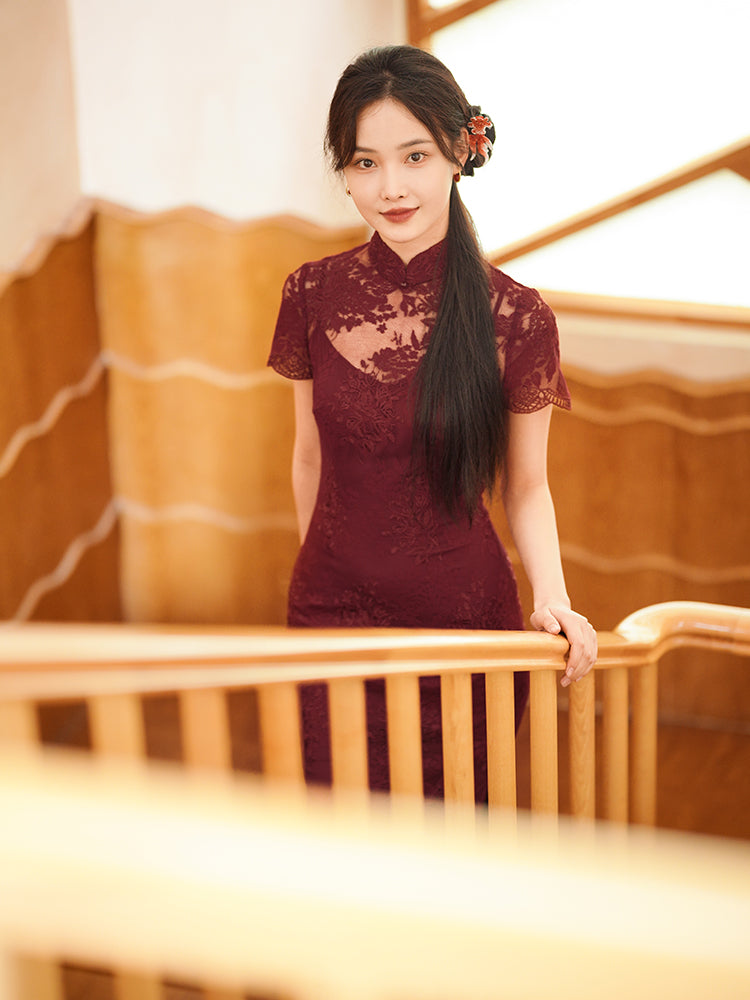 Burgundy Lace Embroidery | Modern one-Pieces Qipao Dress(绯颜)