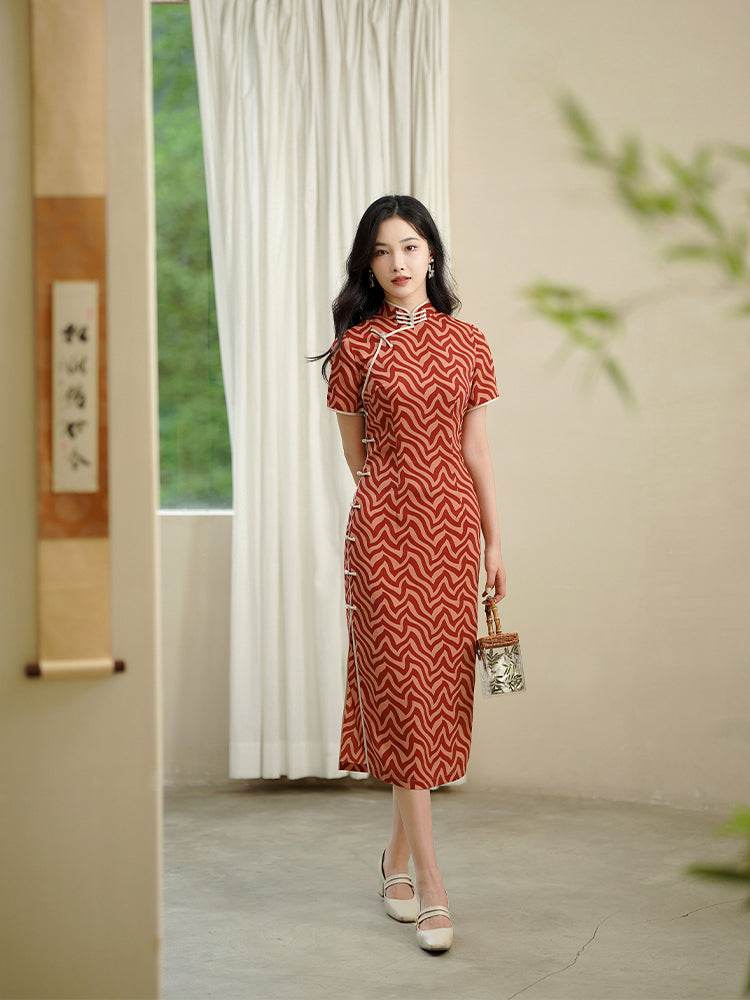 Red striping| Modern one-Pieces Qipao Dress(海云) - E·Beauty
