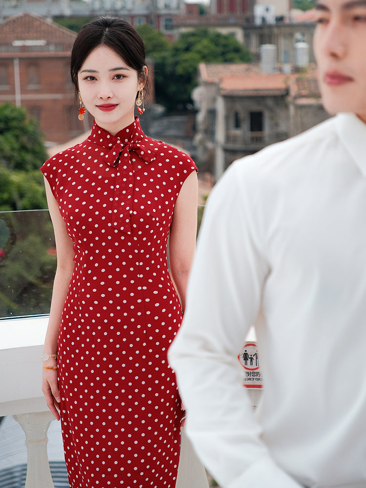 dark red polka dot|Modern one-Pieces Qipao Dress(舒萌)
