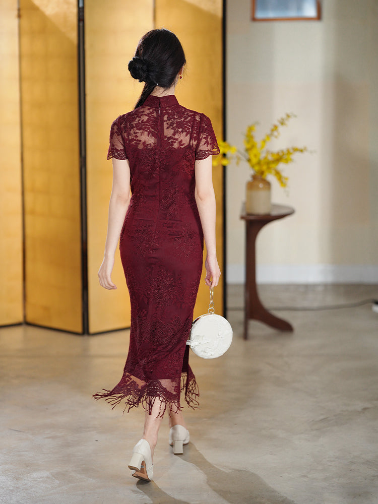 Burgundy Lace Embroidery | Modern one-Pieces Qipao Dress(绯颜)