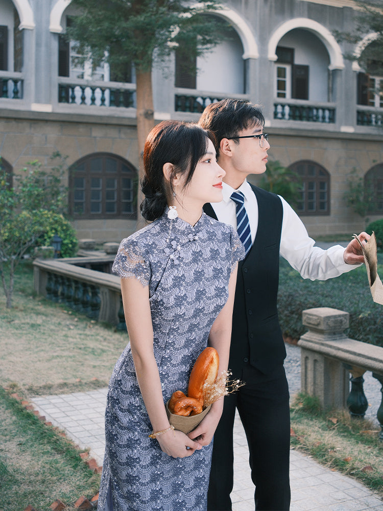 Dusty Blue Elastic Lace | Modern one-Pieces Qipao Dress(兰若)