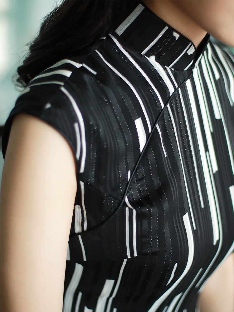black and white stripes|Modern one-Pieces Qipao Dress(香嵩)