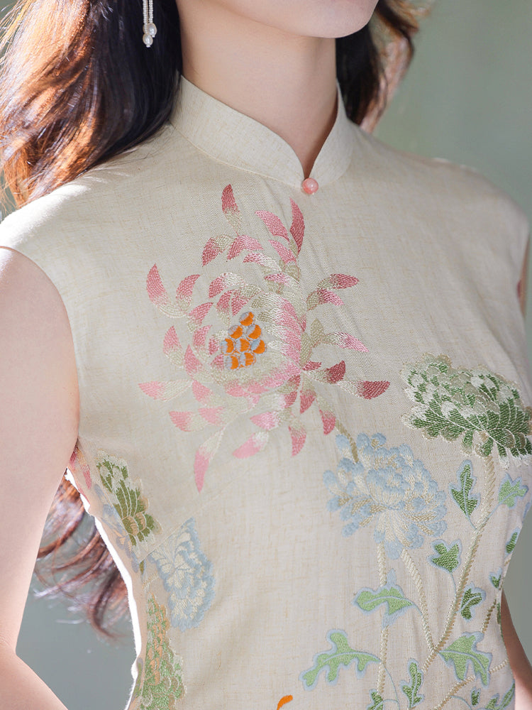 Colorful Lotus Flower Cotton and Linen Embroidery|Modern one-Pieces Qipao Dress(菡裳)