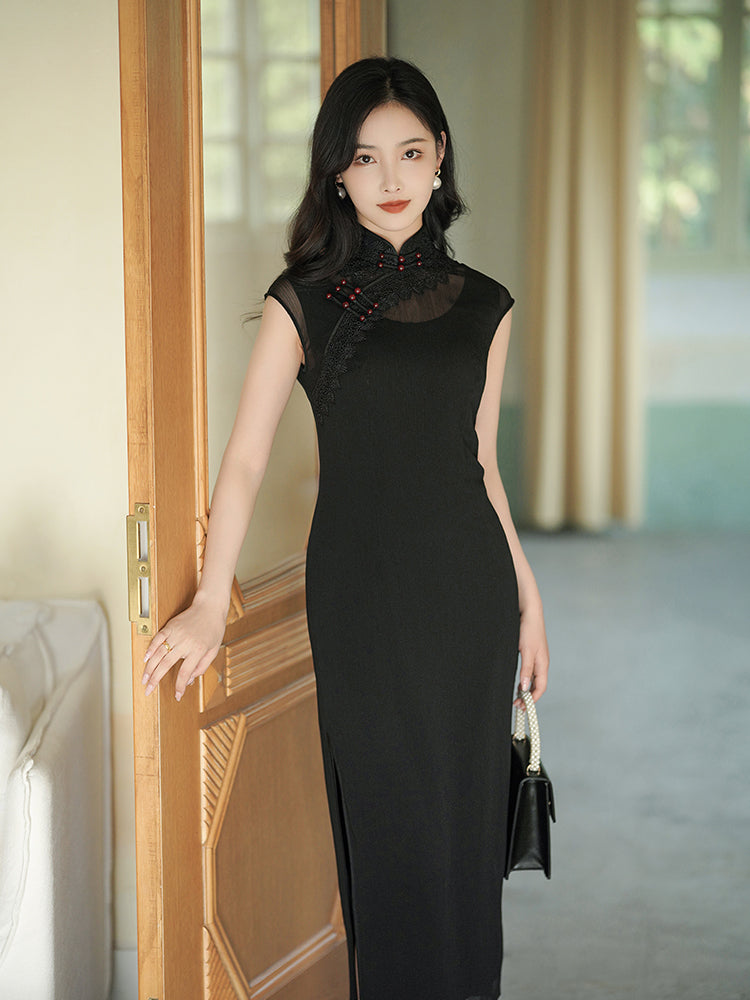 Refined Ink Black Sophistication | Modern one-Pieces Qipao Dress (扶芳)
