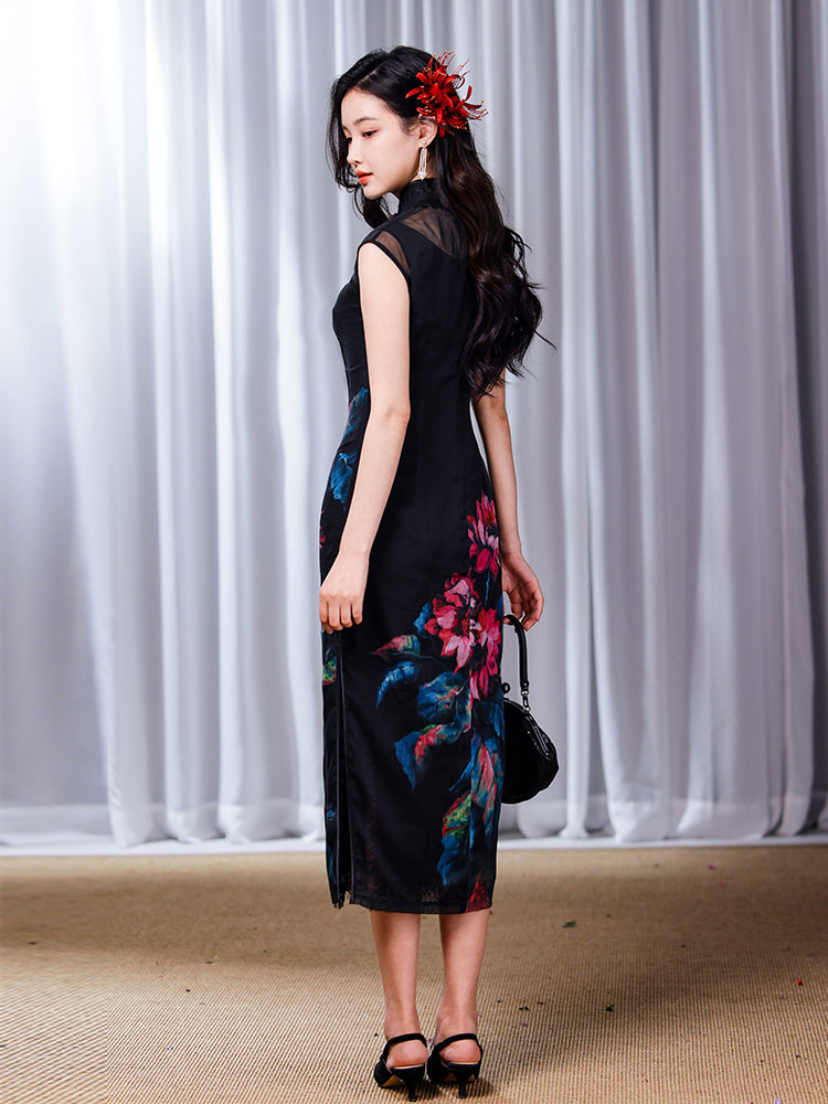Black Ground with Floral Motifs | Modern one-Pieces Qipao Dress(晚俪)