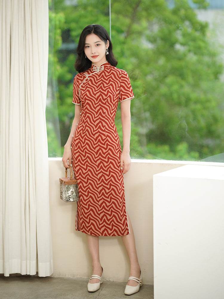 Red striping| Modern one-Pieces Qipao Dress(海云) - E·Beauty