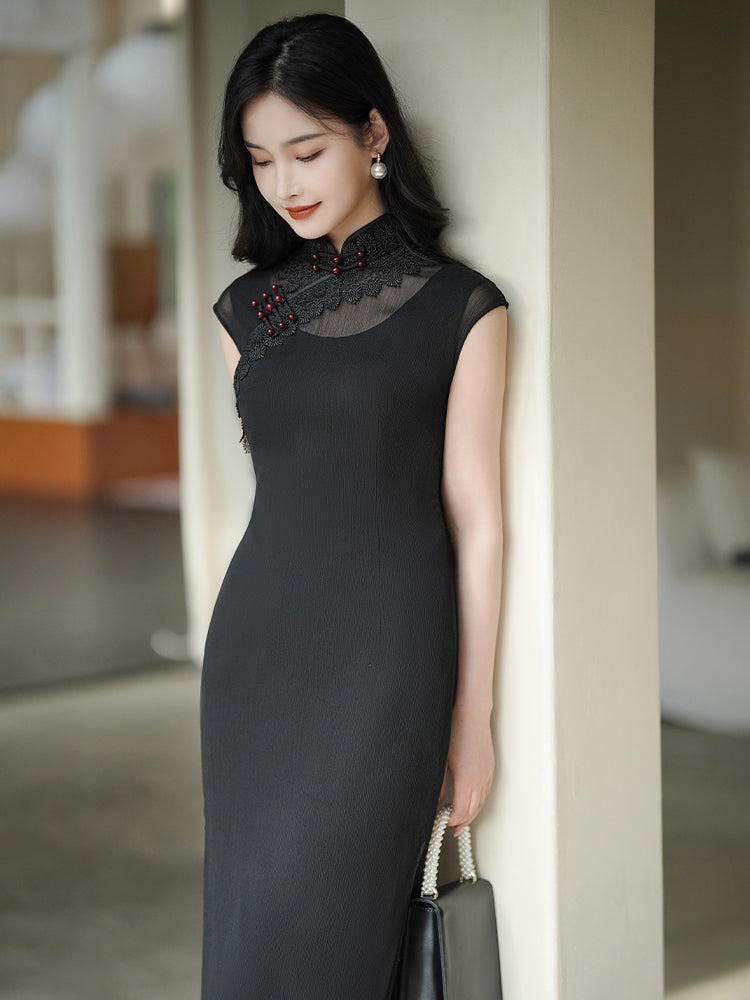 Refined Ink Black Sophistication | Modern one-Pieces Qipao Dress (扶芳)