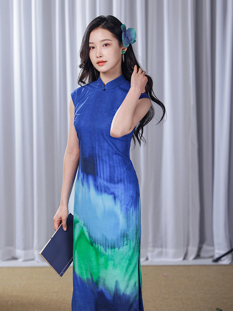 Inked Aurora Blue Green Color Gradient|Modern one-Pieces Qipao Dress(玦光)