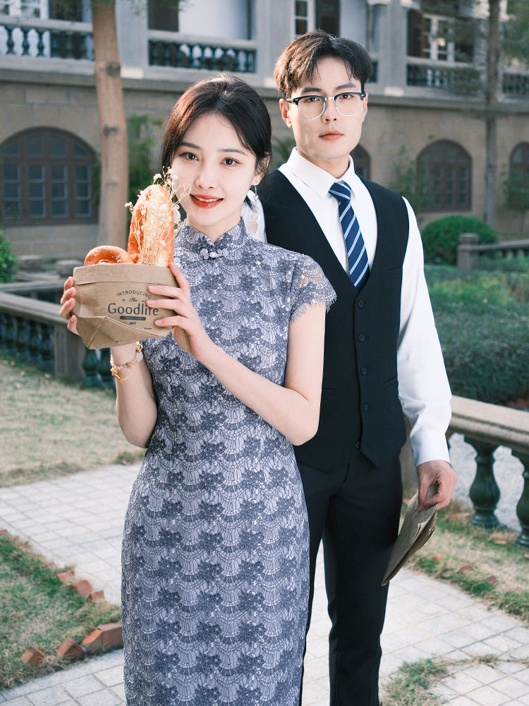 Dusty Blue Elastic Lace | Modern one-Pieces Qipao Dress(兰若)
