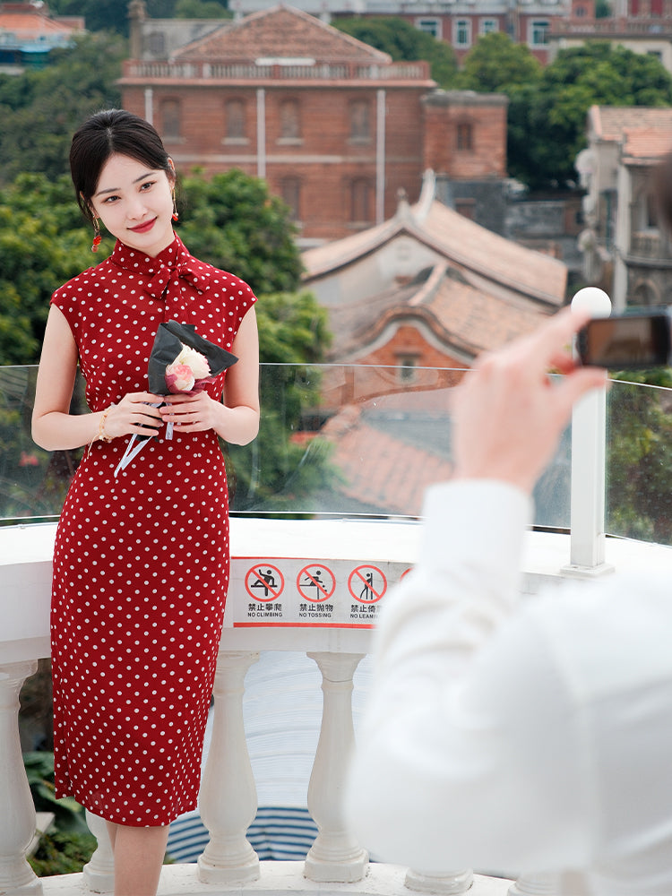 dark red polka dot|Modern one-Pieces Qipao Dress(舒萌)