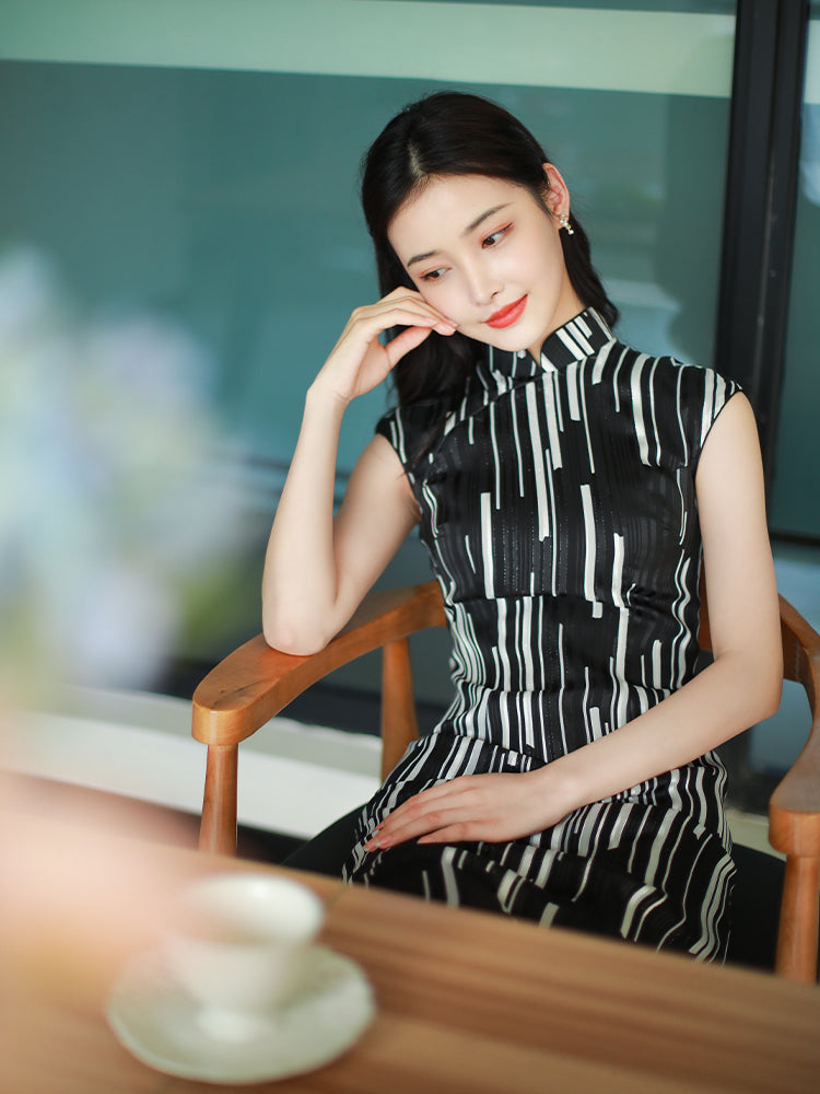 black and white stripes|Modern one-Pieces Qipao Dress(香嵩)