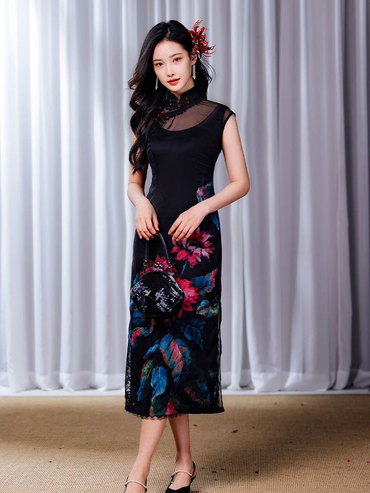 Black Ground with Floral Motifs | Modern one-Pieces Qipao Dress(晚俪)