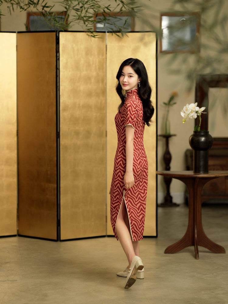 Red striping| Modern one-Pieces Qipao Dress(海云) - E·Beauty