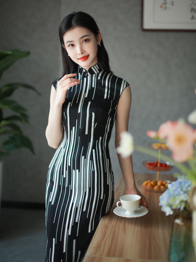black and white stripes|Modern one-Pieces Qipao Dress(香嵩)