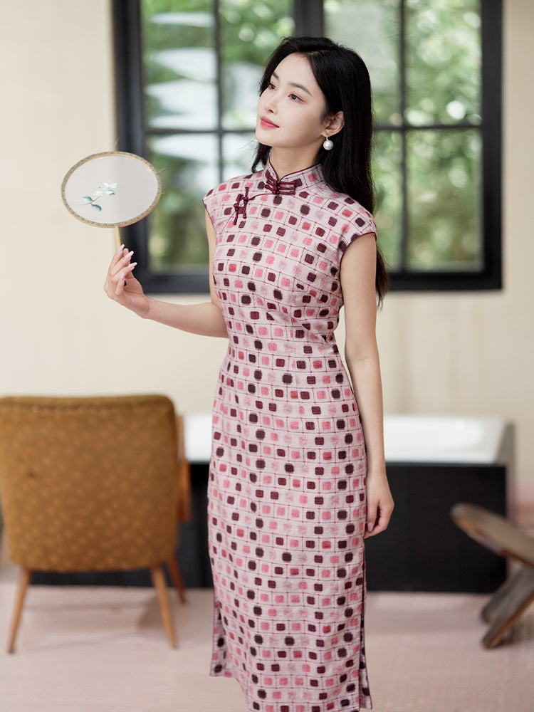 Botanical-dyed geometric prints | Modern one-Pieces Qipao Dress(念辞)