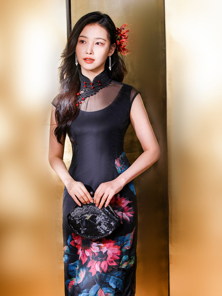Black Ground with Floral Motifs | Modern one-Pieces Qipao Dress(晚俪)