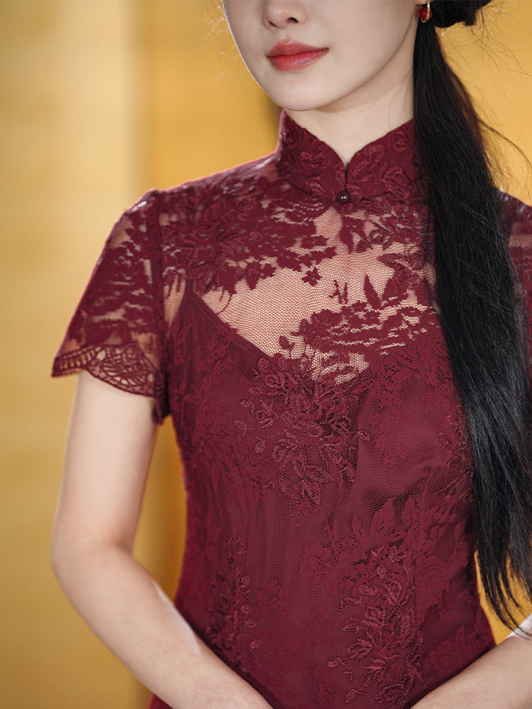 Burgundy Lace Embroidery | Modern one-Pieces Qipao Dress(绯颜)