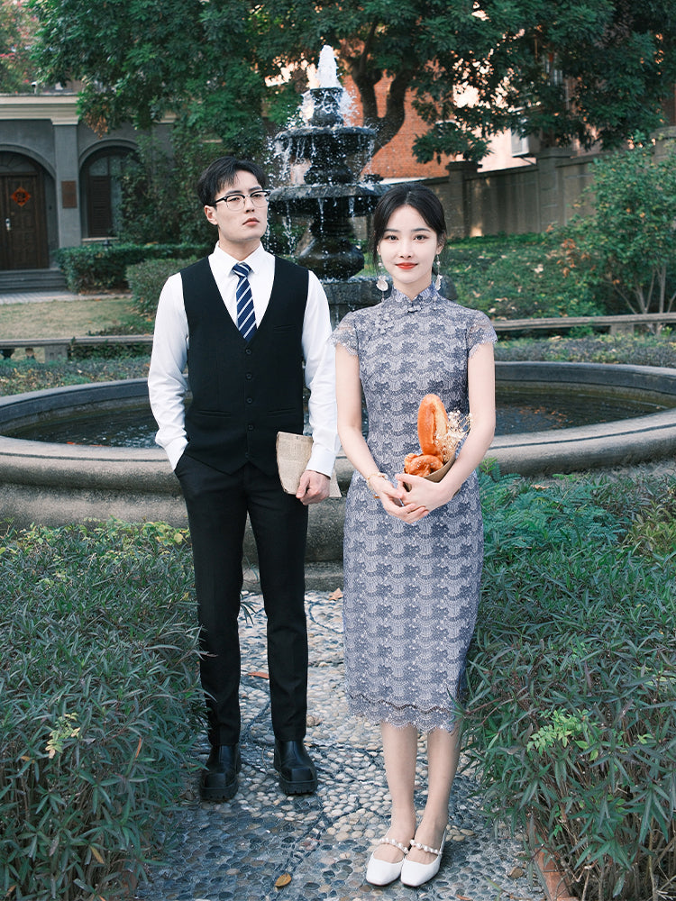 Dusty Blue Elastic Lace | Modern one-Pieces Qipao Dress(兰若)